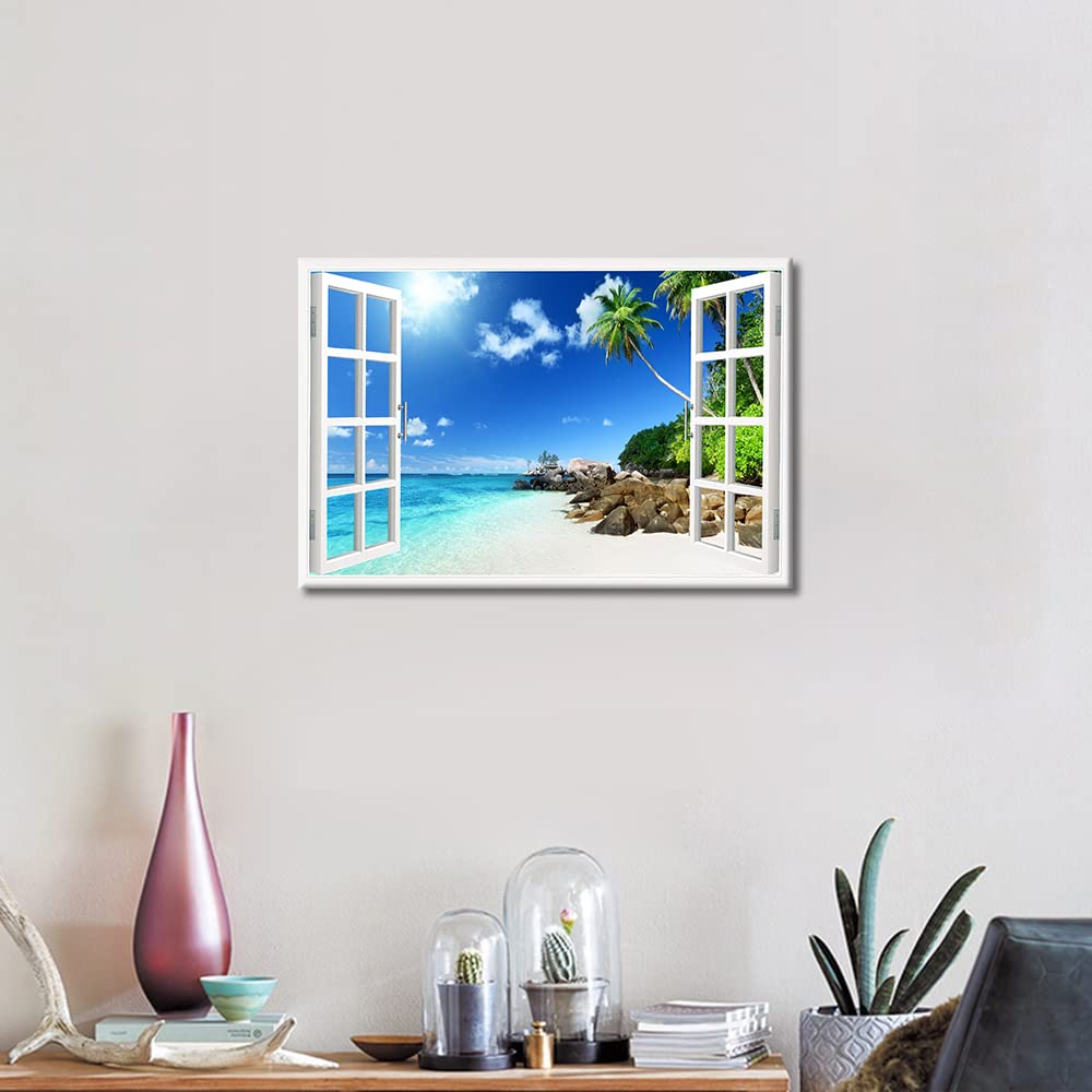 Wall Decorations for Living Room Window View Wall Art Ocean Beach Palm Wall Art Sunset Sea Tree Landscape Bedroom Decor Artwork for Home Walls Stretched and Framed Ready to Hang (24"W x 16"H) - Image 3