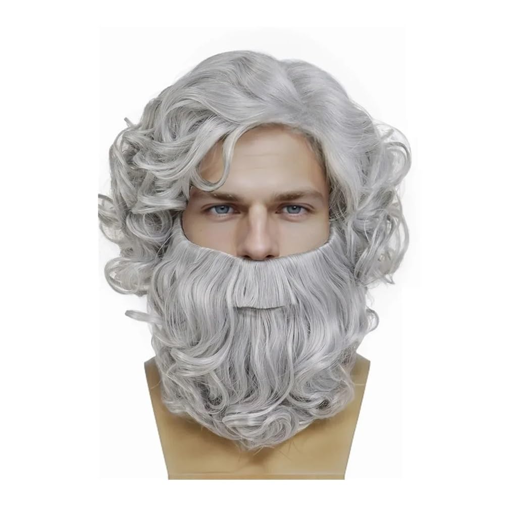 Syntetyczne zestawy do brody i peruk, krótka, szara, starzec, kręcona, kostium, cosplay dla mężczyzn, na Boże Narodzenie, przyjęcie, linia włosów, cienka (ombre szary)