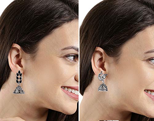 Image of Yellow Chimes Earrings for Women & Girls | Traditional Silver Oxidised Jhumka | German Silver Oxidized Drop Earring Set | Earrings Combo | Accessories Jewellery | Birthday & Anniversary Gift