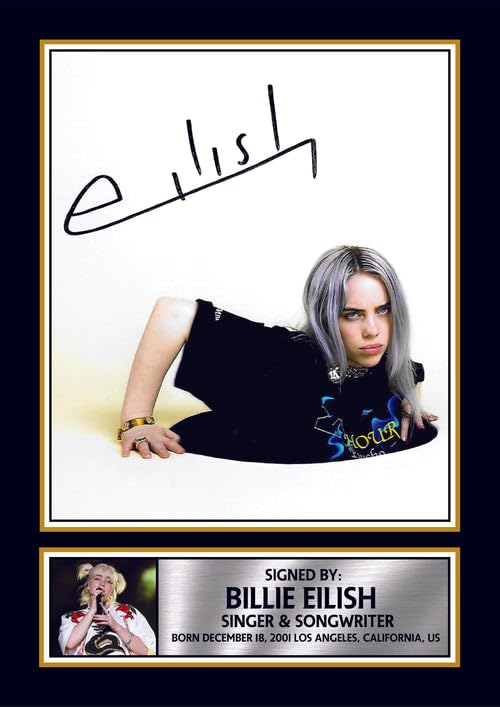 Billie Eilish Portrait Printed Signed Poster Print – Artistic Pop Music Wall Art – Autograph Style Singer Photo – Modern Music Memorabilia Collectible, A3 Poster Print (420x297mm)