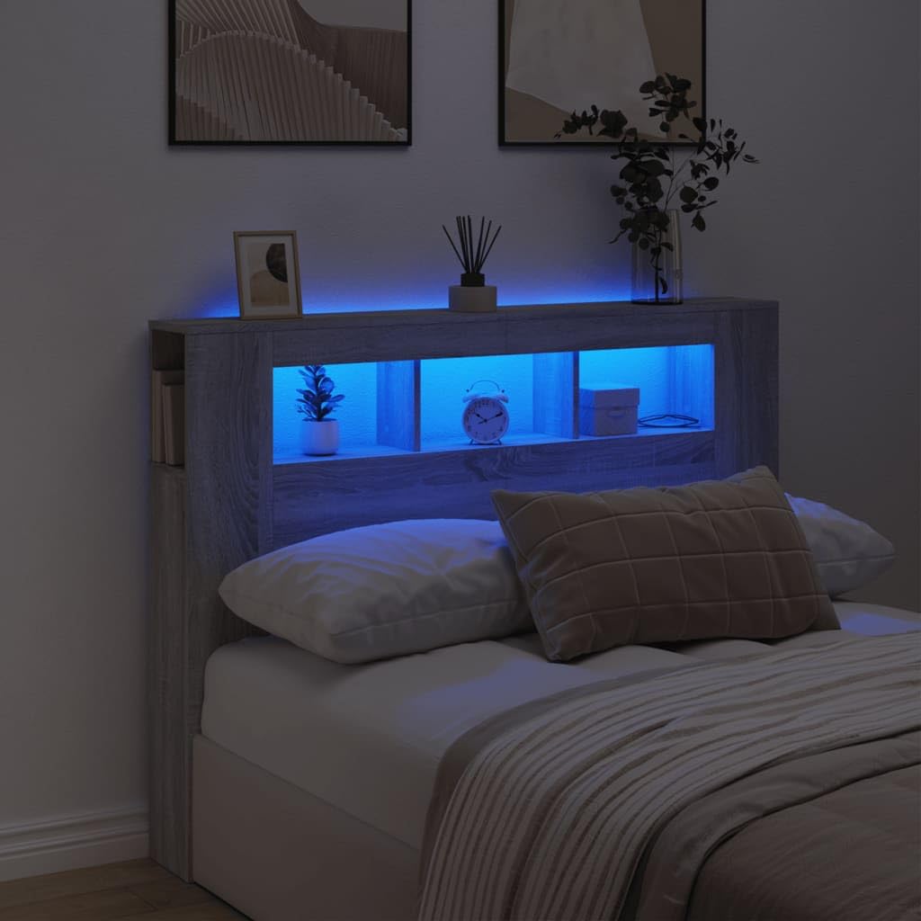 Sufrk Sonoma - Cabecero de cama LED (140 x 18,5 x 103,5 cm, madera multicapa, cabecera y mesilla de noche, cabecera doble