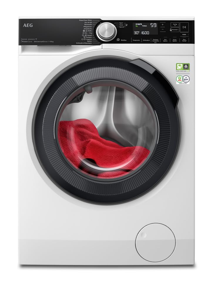 AEG Waschmaschine, PowerCare: Vormisch-Technologie 8kg-in-59Min Waschen, 10 kg, Mengenautomatik, WiFi, Nachlege- & Auffrischfunktion, Wasserstopp, 1600 U/min, Leise, Frontlader, LR8E80600