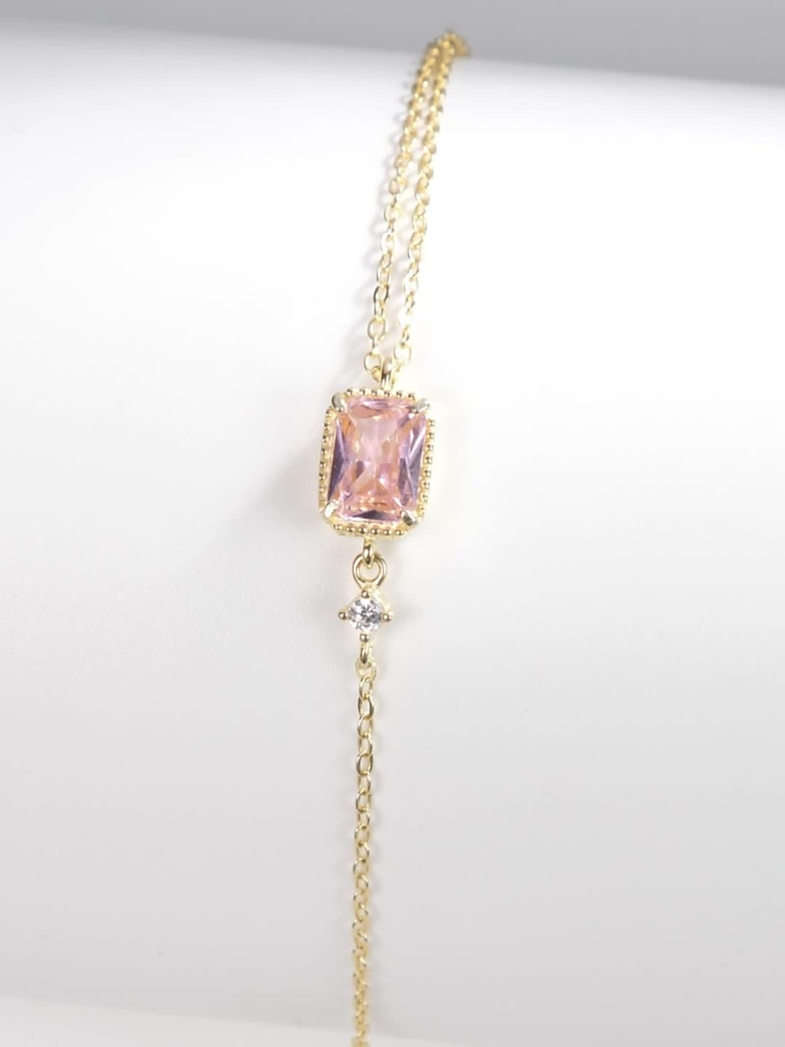 Pulseras Mujer de Oro 9 K / 14 K / 18 K, Rectángulo con Zafiro Rosa Creado de 0,5 ct y Moissanita, Cadena Extensible 16 CM + 5 CM, Pulseras para Mujer de Oro