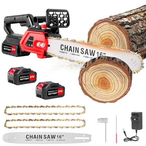 16 Electric Chainsaw 1800W Brushless Cordless Chainsaw 21V Powerful Battery Chainsaws with 2 Rechargeable Batteries 2 Chains & Chain and Guide Bar 21 000 RPM Handheld Chain saws for Wood Cutting