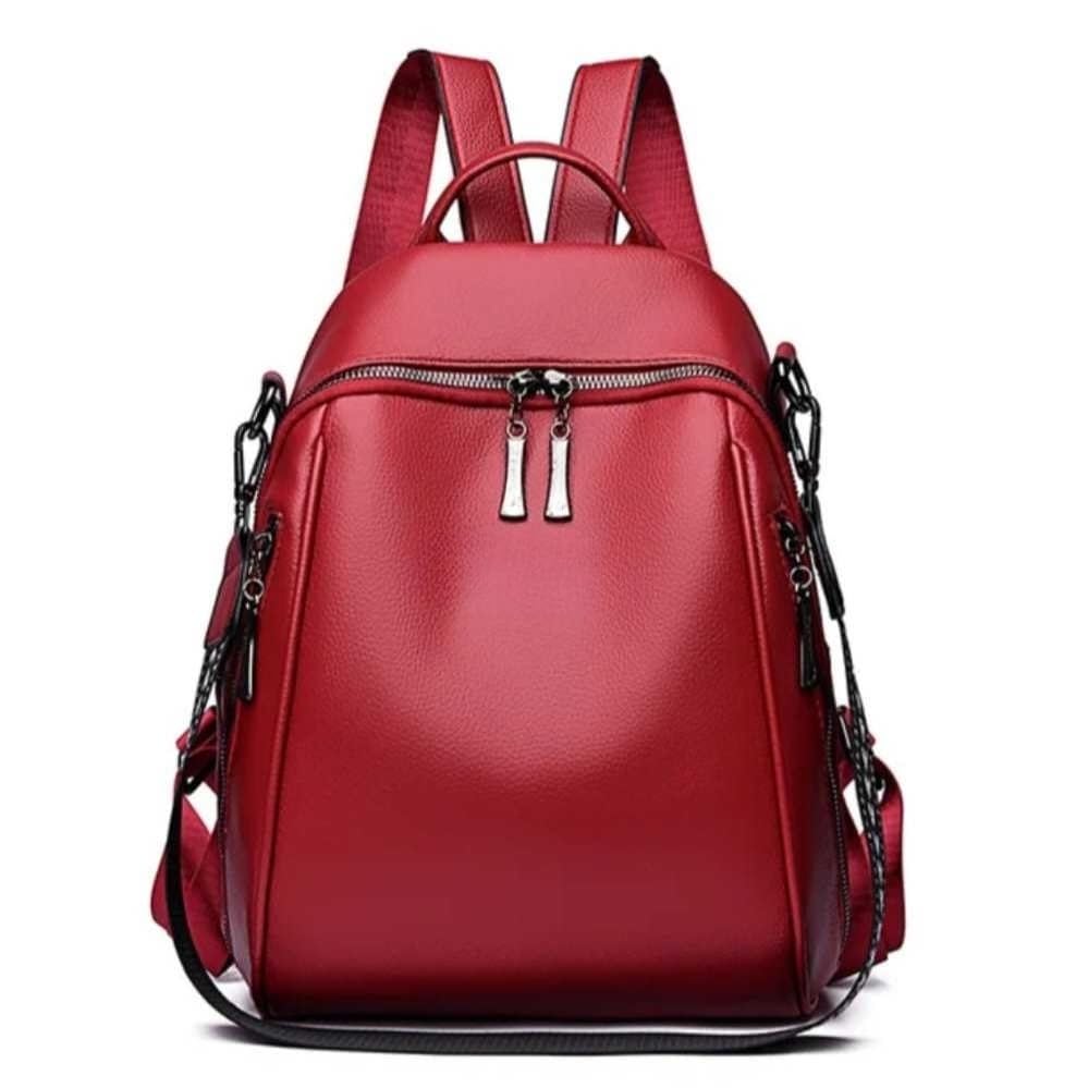 Mochila Feminina Vintage de Couro Ecológico com Zíper e Compartimentos para Viagem Faculdade(Vermelho)