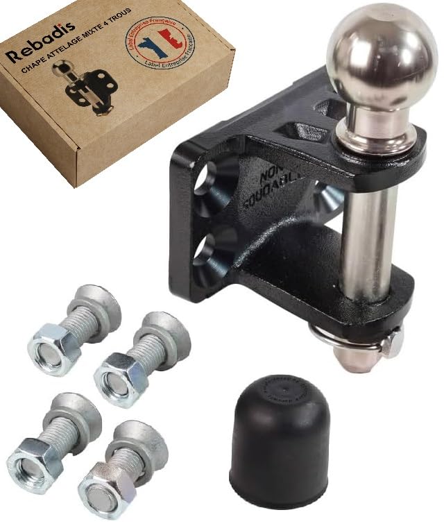 Rebadis Chape d’attelage Mixte 4 Trous, entraxe 90 x 40mm avec goupille de sécurité, Crochet Boule Traction 3500 kg, livré avec visserie