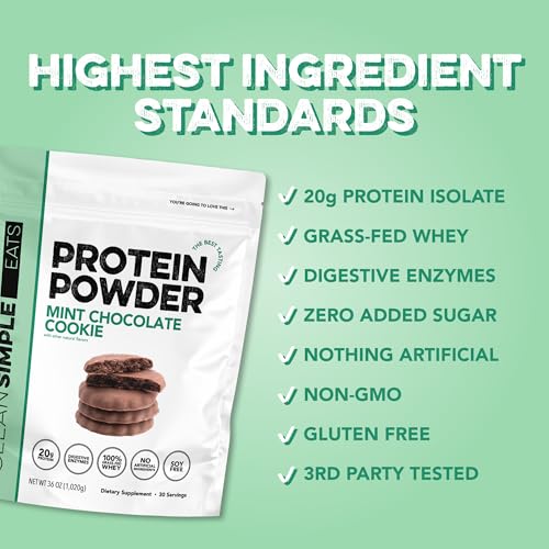 Image of Clean Simple Eats Whey Isolate Protein Powder, Mint Chocolate Cookie, Naturally Sweetened, Zero Added Sugar, 20g 100% Grass Fed Protein Powder with Digestive Enzymes, Gluten Free, Non GMO, 30 Servings