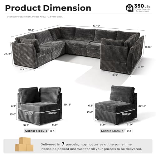 Image of ovios Modular Sectional Sofa Couch with U-Shape Chaise Oversized, Comfy Plush Corduroy Cloud Couches, Modern Luxury Deep Seat Sofas Set for Living Room, 7-Seater, Grey