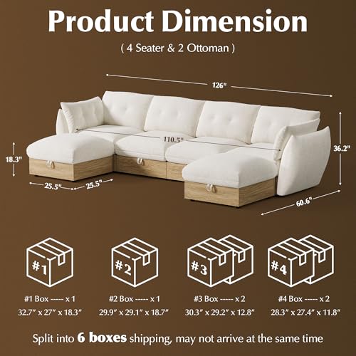Image of 134 inch U Shaped Cloud Couch Sectional Modular Sofa with Storage, Modular Deep Seat Couch Oversized Sofa with Ottoman, Armrest Pillow, Easy Assembly for Living Room, Apartment, Office, Ivory