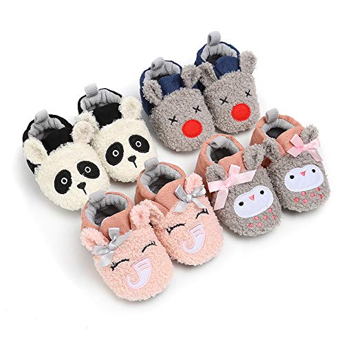myppgg Baby Girls Boys Fleece Booties Newborn Cozy Warm Footwear Winter Cotton Socks Non-Slip Soft Sole Crib Shoes, Mouse/Gray&blue, 0-6 Months Infant2