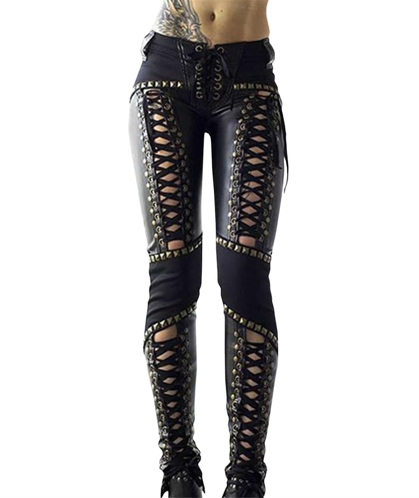 ORANDESIGNE Leggings Lederoptik Damen Lederhose Gothic Punk Hose Stretch Skinny Kunstleder Leggings Hohe Taille PU Leder Look Wetlook Clubwear