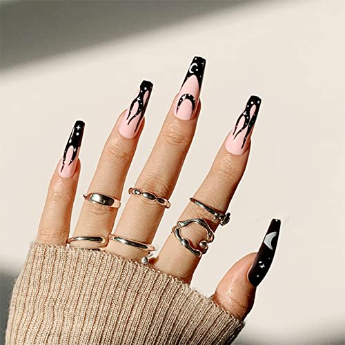 NICENEEDED 24Pcs Black Coffin Press On Nails, Faux Ongles Ballerine Brillants avec Motif Étoile de Lune, Ongles en Acrylique Extra Longs avec Autocollants de Colle à Ongles Cover