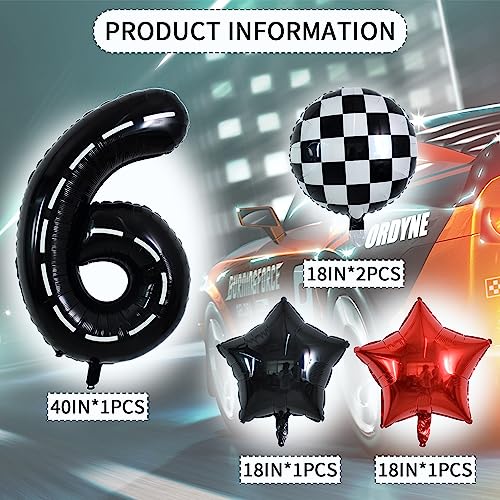 Image of TONIFUL 40 Inch Race Car 6th Birthday Balloons - Racetrack Number 6, Wheel Tire, Black White Checkered, Star - Boys Car Themed Party Decor