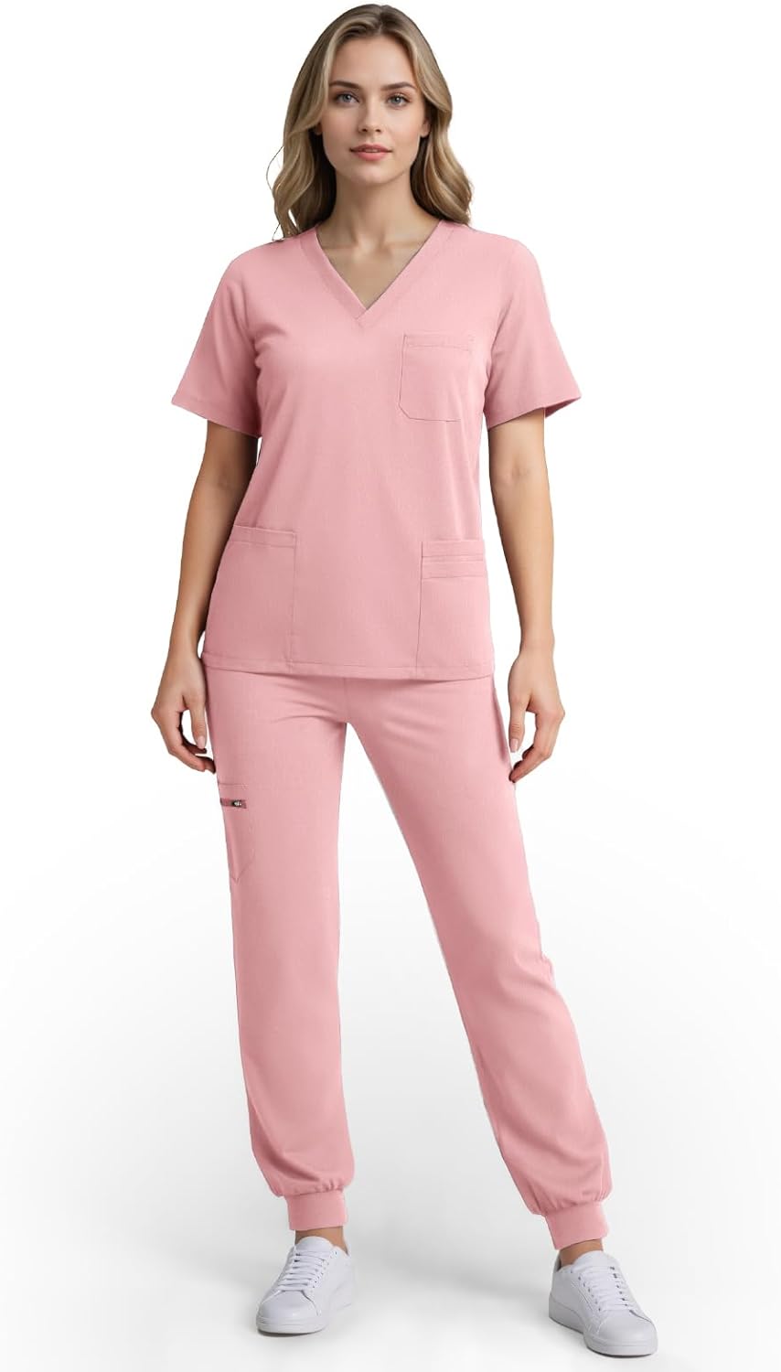 Scrubs for Women Set, Stretchy V-Neck Top & Jogger Pants with Multi-Pocket Yoga Waistband