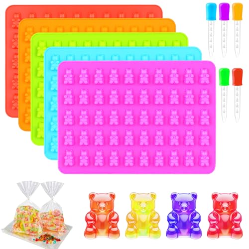 5er Set Silikon Gummibärchen Formen BPA-frei Silikonform Schokoladenformen mit 5 Tropfern(5ML) Bärenform Backform für Gummibärchen Schokolade Gelee Bonbons