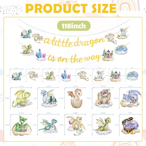 Image of Dragon Baby Shower Decorations Include A Little Dragon is On The Way Banner and Hanging Swirls Dragon Theme Party Supplies
