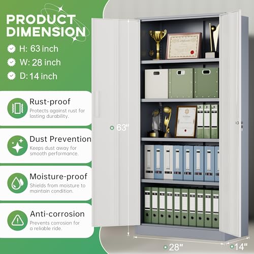 Image of INTERGREAT Metal Storage Cabinet with Lock, 63 inch H Metal Cabinets Storage with 2 Doors and 4 Adjustable Shelves, Locking Garage Cabinet for Home Office, Kitchen, Bathroom (White Grey)