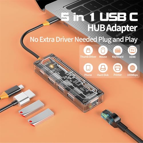 Image of One 5-in-1 USB Type-C USB Hub /Docking Station,Type-C PD&Data, U.SB 3.0 SuperSpeed,2.0,RJ45 Ethernet, 4K@30Hz HDMI,Transparent Case for Laptop, PC & More (Black)