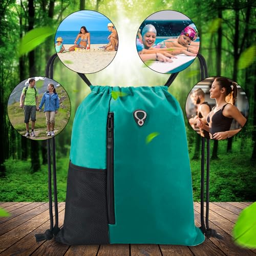 Image of BeeGreen Marrs Green Drawstring Backpack Gym Bag For Men & Women - Sports Sackpack with Mesh Water Bottle Holder & 2 Zippered Pockets - Large 16x20 Inch Cinch String Backpack