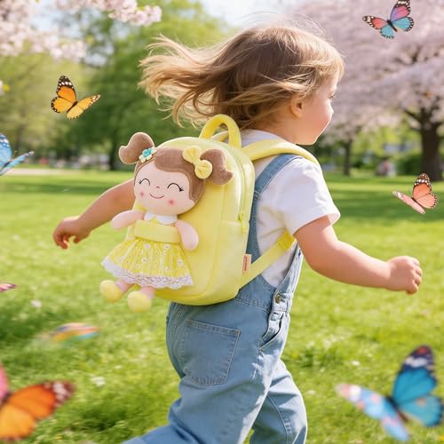 Image of Gloveleya Back to School Gifts for Girls Kids Backpack Toddler Girls Backpacks with Soft Plush Spring Girl Doll Toys Yellow