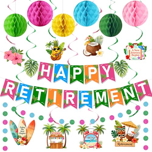 Image of Luau Hawaiian Retirement Party Decorations for Men Women Tropical Happy Retirement Banner Honeycomb Balls Hanging Swirl Circle Dots Garland Beach Summer Retirement Party Supplies