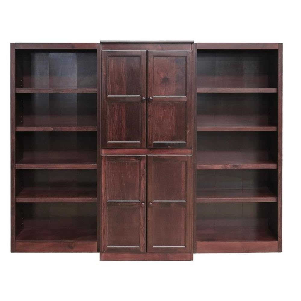 BOWERY HILL Traditional 72" 15-Shelf Wood Bookcase Wall with Doors, Cherry Finish, 9 Adjustable and 6 Fixed Shelves, Concealed Storage, Durable Veneer