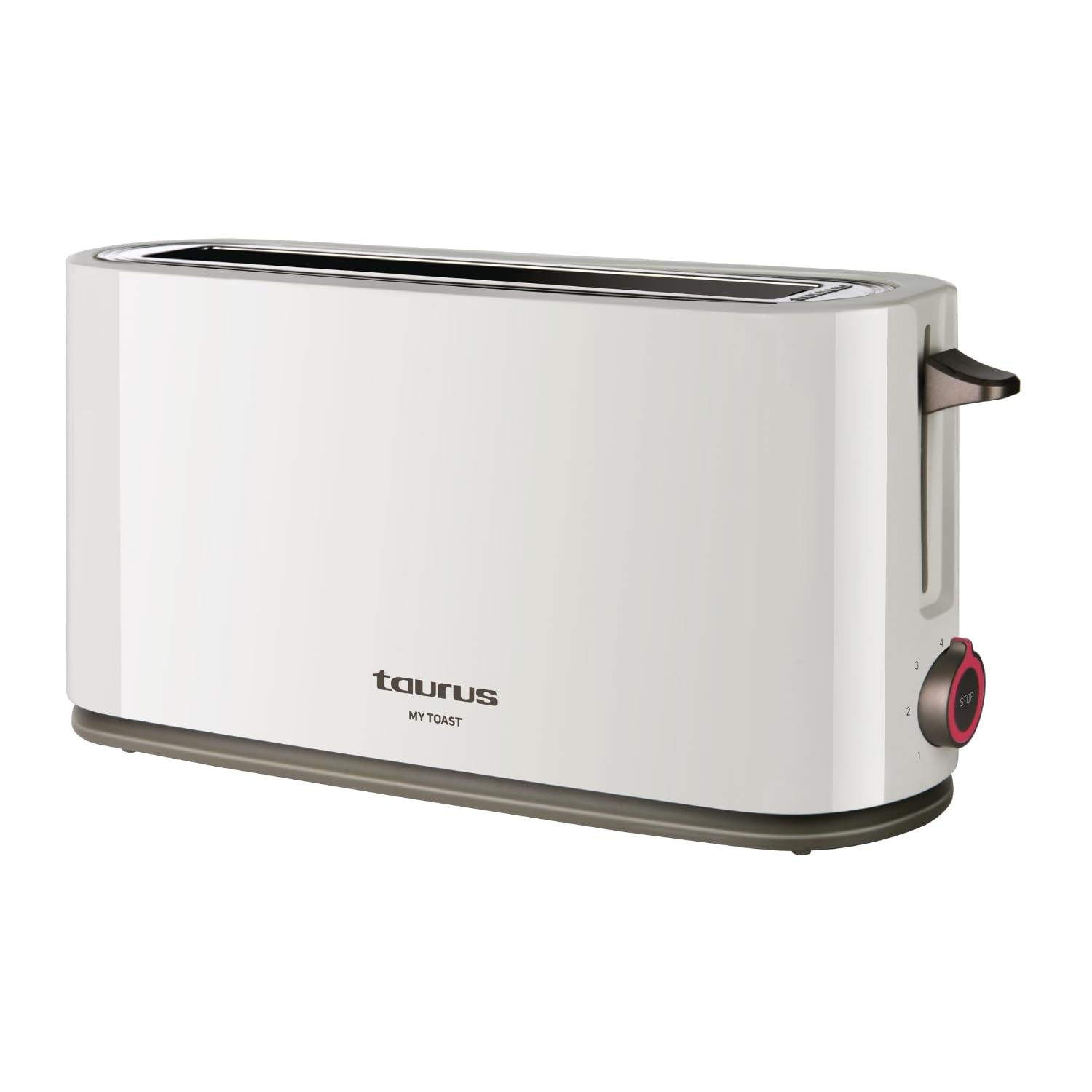Taurus Mytoast - Tostadora de pan de una ranura larga y extra ancha 1000W. Función cancelar, recalentar y descongelar. 7 niveles de tostado. Sistema Auto-​Centrado. Bandeja recogemigas.