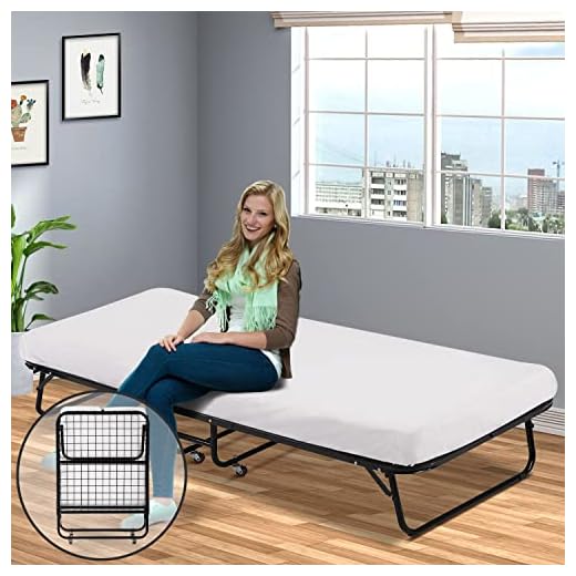 Guest Bed Folding Bed Frame with 3.9 Inch Foam Mattress Fold Up Heavy Duty Extra Portable Camping Cots with Wheels Hideaway Temporary Single Twin Size Rollaway Bed for Adults,Kids - 300LBS Capacity