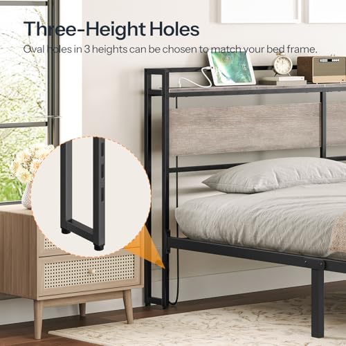 Image of HOOBRO King Size Headboard, Headboard with 2 Outlets and 4 USB Ports, Adjustable Height, Storage Rack, Sturdy and Stable, Easy Assembly, Greige and Black