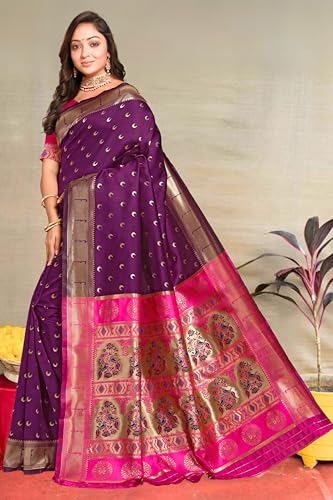 Image of C J Enterprise Women's Pure Kanjivaram Silk Saree Paithani Soft Wedding Sarees With Blouse Piece (Chand paithani)
