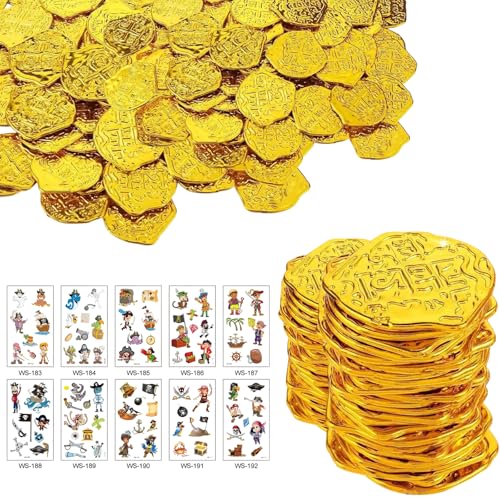 SZSMW 100 Monedas Juguete - Monedas de Plastico - Tesoro Pirata Monedas de Oro Juguete - Ideal para Decoraciones Piratas para CumpleañOs para NiñOs, Fiestas de Halloween（10 pegatinas）