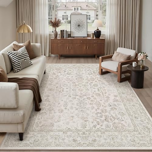 8x10 Beige-White Area Rug Non Slip Vintage Living Room Distressed Machine Washable Carpet Traditional Indoor Bedroom Beige-White Retro Floral Accent T