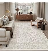 PureCozy 8x10 Beige-White Area Rug Non Slip Vintage Living Room Distressed Machine Washable Carpe...