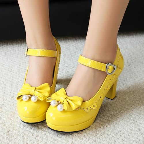 Women's Patent Leather Platform Chunky Heel Mary Jane Heels Comfort Closed Toe Elegant Pearl Bow Ankle Strap Kawaii Dress Pumps4