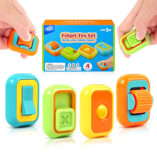 Fidget Toys Set for Kids Adults: 4 Pack Sensory Fidget Toys for Anxiety Relief- Multi-Functional ADHD Tools for Autism Kids Calming- Fun Fidgets with Slider, Clicker, Roller for Travel Classroom Prize