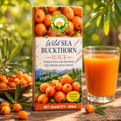 Image of Basic Ayurveda Wild Sea Buckthorn Juice 200 ml | Herbal Berry Juice for Men & Women | Natural Vitamin C, Vitamin E, Omega 3 6 7 9 & Antioxidants | Supports Immunity, Skin Health & Daily Wellness