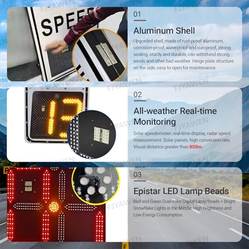 Señal de velocidad de radar, pantalla LED con energía solar, rango de medición de velocidad de 300 m, cubre 4 carriles, incluye accesorios, 60 x 90 cm