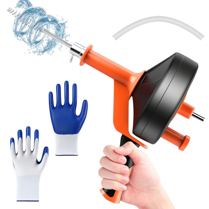 Rohrreinigungsspirale [10 m] mit Bohrmaschine, Handschuhen und Reinigungsbürste, Abflussreinigungsspirale zur Rohrreinigung, geeignet für Küche, Spüle, Dusche, Badewanne (10 Meter)