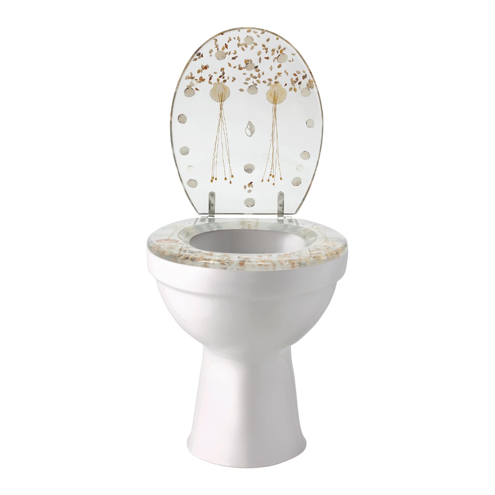 Shikiy Modern Transparent Resin Toilet Seat, Toilet Seat Sea Shell Resin Silent Close Toilet Silver Hinges Bath Accessories Resin Toilet Seat for U/V Shape Transparent