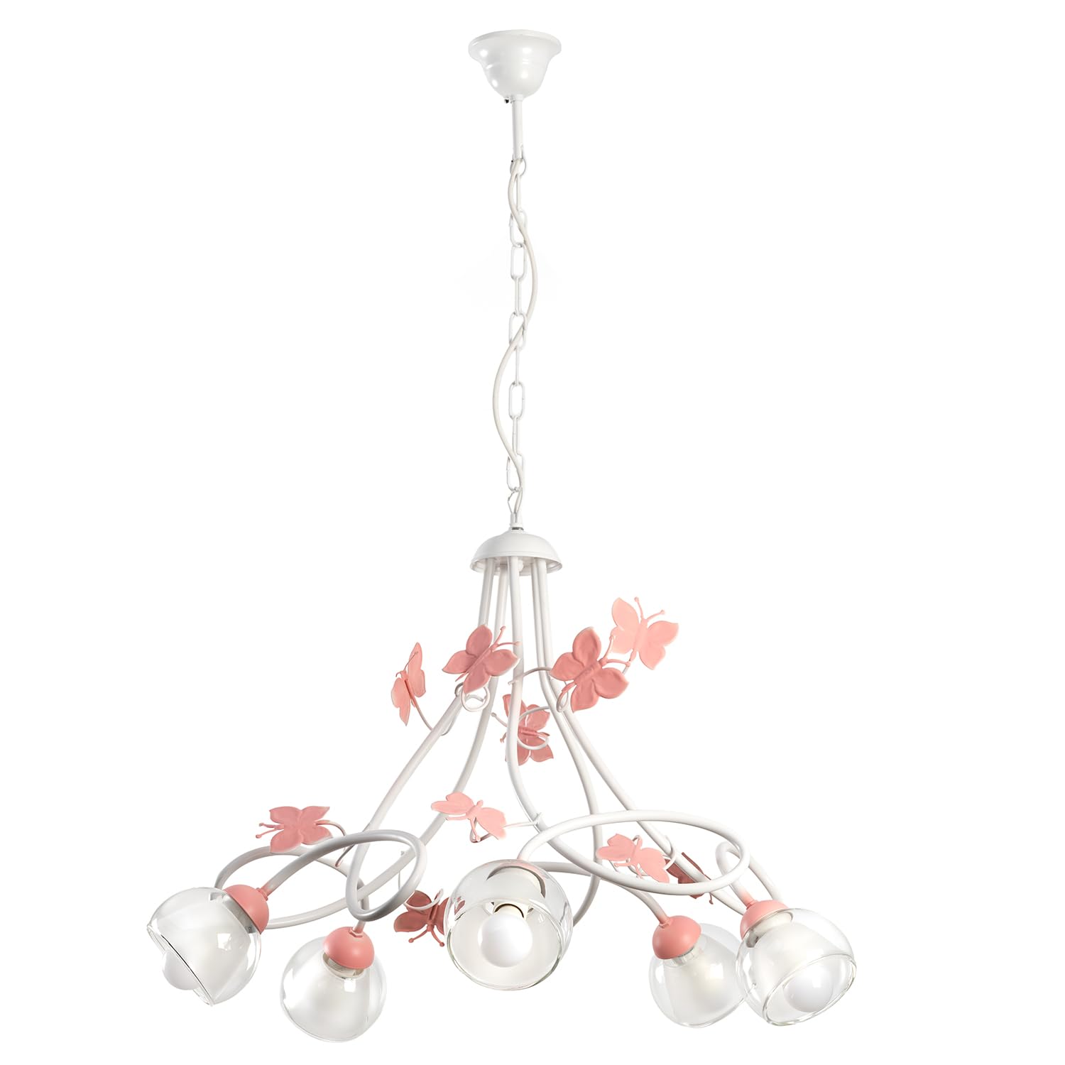 Onli Bianco E Rosa - Lámpara De Techo Con 5 Luces De Metal Blanco Con Mariposas Rosas