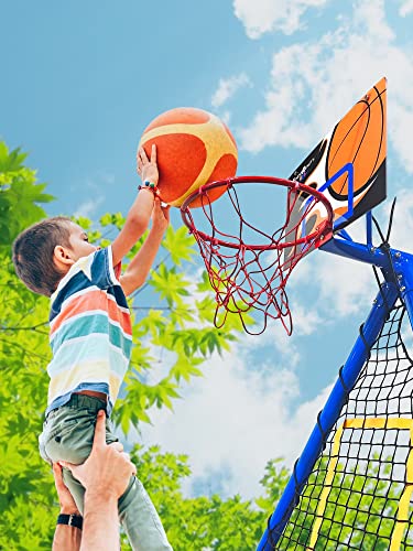 Fitness Reality Kids 6 Station Sports Metal Swing Set for Backyard with Slide Seesaw, Saucer Swing, Basketball Hoop, and Soccer Rebounder (8413)