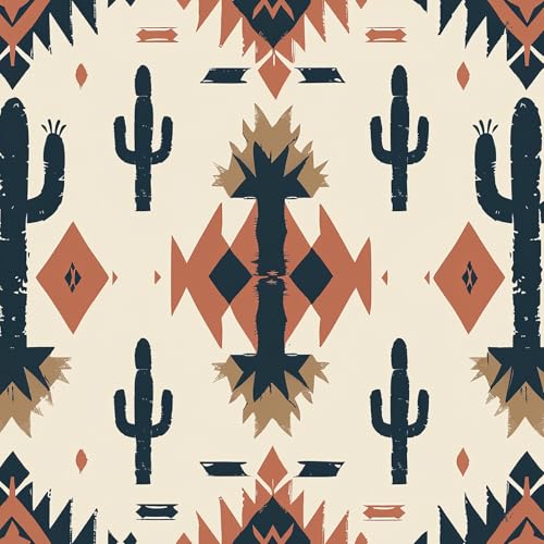 Livelynine Boho Western Wallpaper Stick and Peel Dark Blue Tan Burnt Orange Aztec Wallpaper Terracotta Desert Cactus Western Contact Paper for Cabinets Mexican Indian Traditional Wall Paper 17.5x78.8