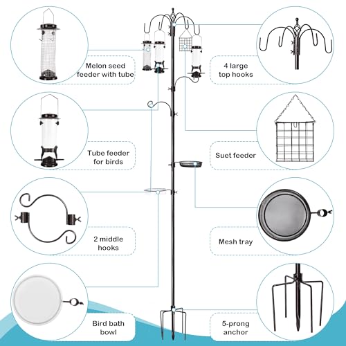 YINGYM 6-Hook Bird Feeding Station Kit, Wild Bird Feeder Stand Pole, Multi-Feeder Kit Stand with 4 Feeders, Bird Bath and Mesh Tray, 94 Inch by YINGYM - Image 3