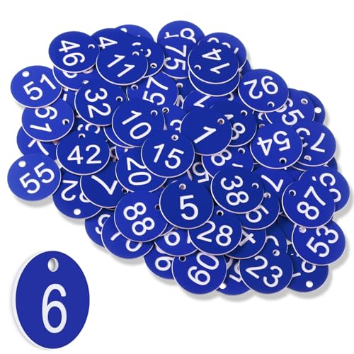 Tenare 1-100 Plastic Table Numbers Key Number Tags - Waterproof Small ID Tags With Hole for Restaurant, Cafe, Outdoor, Car, Dormitory, Lockers, Hotel - Without Key Rings (Dark Blue, White)
