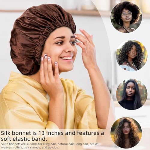 Image of Go Well Satin Bonnet for Curly Hair with Free Silk Pillow Covers and Scrunchies | Silk Bonnet for Hair | Combo of Pack of 2 Satin Pillowcases with 3 Silk Scrunchies Adjustable HairCap (Coffee)