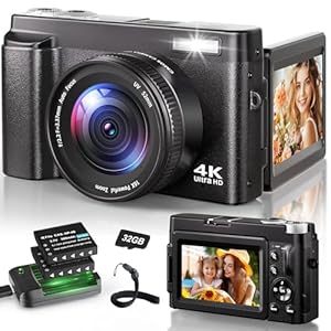 4K Digital Camera for Photography, 48MP Autofocus Vlogging Camera for YouTube with 3” 180°Flip Screen, 16X Digital Zoom Anti-Shake Compact Travel Camera with SD Card, 2 Batteries & Charging Stand