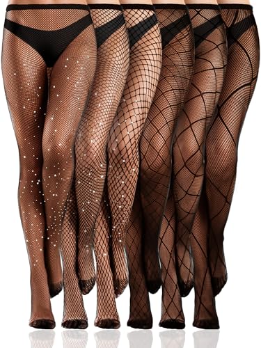 Ramede 6 Pairs Rhinestone Fishnet Stockings for Women Thigh High Waist Sparkly Tights Mesh Glitter Pantyhose for Halloween