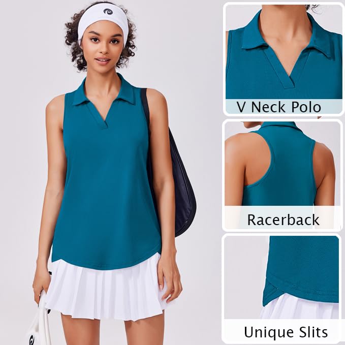 Image of PINSPARK Womens Golf Shirt UPF 50+ Sleeveless Collared Shirts Quick Dry Tennis Polo V-Neck Racerback Athletic Workout Tank