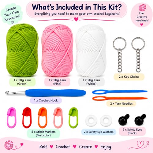 Image of Viharini Crochet Kit for Beginners with Yarn, Hooks, Stitch Markers, Knitting Needles, Eyes, Keychain, DIY Tools & Crochet Thread - Complete Crocheting Set for Adults and Kids (Green Pink White)