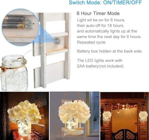 Alitamei Rustic Mason Jar Sconces for Home Decor, Decorative Hanging Mason Jars Wall Sconces Decor with LED Fairy Lights 6-Hour Timer Silk Hydrangea Flowers for Farmhouse Home Wall Decor (Set of 2)